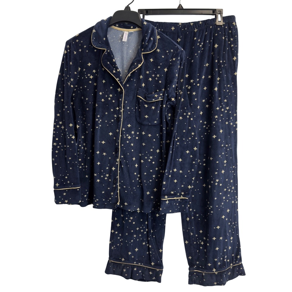 Joyspun Womens Size S 4-6 Navy Blue Star Print Velour Pajama Set